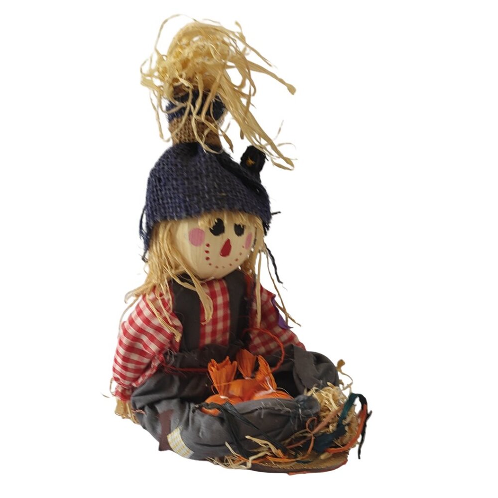 Vintage Halloween Fall Decoration Small Scarecrow with Crow and Pumpkins (straw)